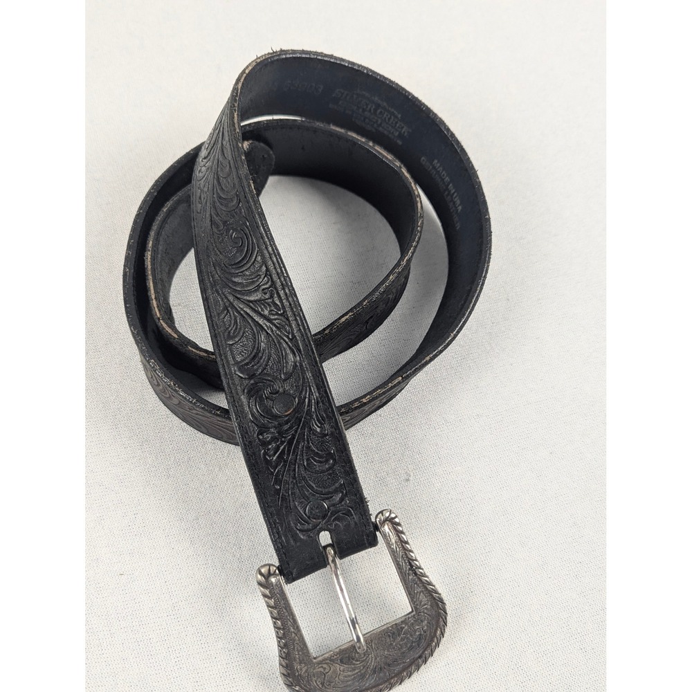 Silver Creek Collection Black Tooled Leather Western Belt 34 Made in USA 53903